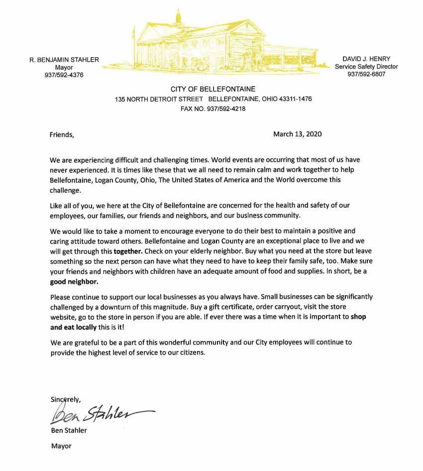 Bellefontaine Mayor Coronavirus Statement