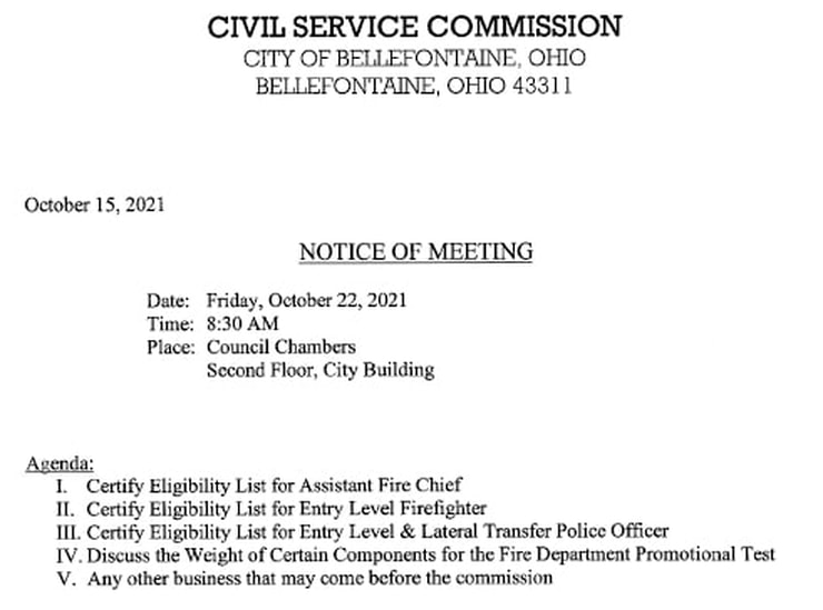 City of Bellefontaine Civil Service Commission Meeting